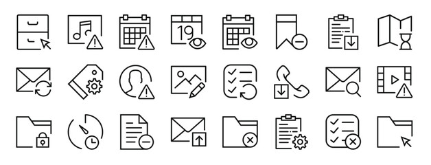 set of 24 outline web interaction set icons such as archive, music player, calendar, calendar, calendar, bookmark, notepad vector icons for report, presentation, diagram, web design, mobile app