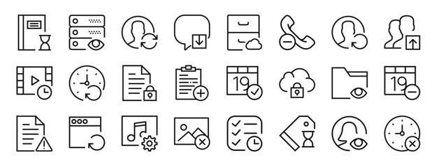 set of 24 outline web interaction set icons such as notebook, server, user, speech bubble, archive, phone call, user vector icons for report, presentation, diagram, web design, mobile app
