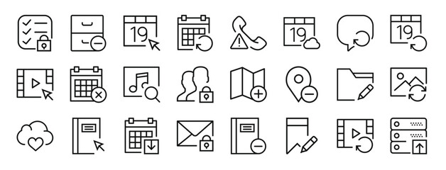 set of 24 outline web interaction set icons such as list, archive, calendar, calendar, phone call, calendar, speech bubble vector icons for report, presentation, diagram, web design, mobile app