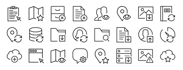 set of 24 outline web interaction set icons such as notepad, map, archive, file, user, placeholder, image vector icons for report, presentation, diagram, web design, mobile app
