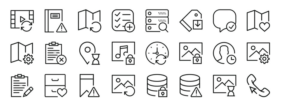 set of 24 outline web interaction set icons such as video player, notebook, map, list, server, price tag, speech bubble vector icons for report, presentation, diagram, web design, mobile app