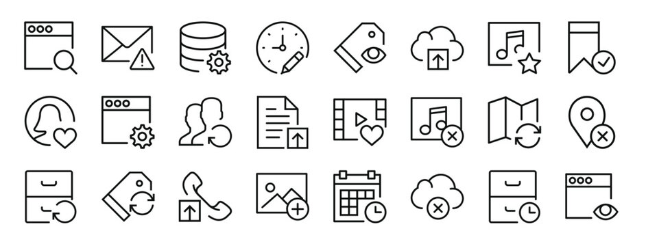 set of 24 outline web interaction set icons such as browser, mail, database, , price tag, cloud computing, music player vector icons for report, presentation, diagram, web design, mobile app