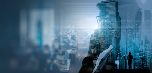 Digital technology, internet network connection, digital marketing IoT internet of things. Business woman using mobile phone and laptop computer connecting the internet