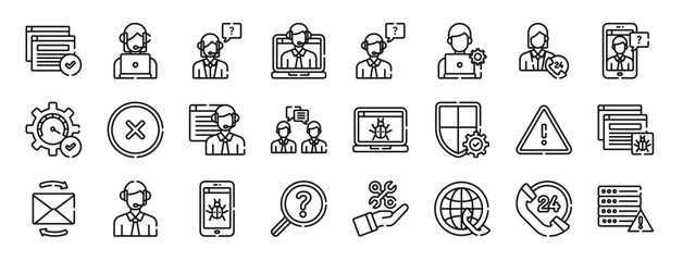 set of 24 outline web tech support icons such as browser, online support, customer, laptop, customer support, online hours vector icons for report, presentation, diagram, web design, mobile app