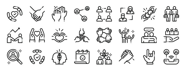 set of 24 outline web friendship icons such as protection, hands, high five, share, community, relationship, puzzles vector icons for report, presentation, diagram, web design, mobile app