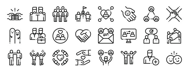 set of 24 outline web friendship icons such as brotherhood, friends, community, win, kindness, friendly, relationship vector icons for report, presentation, diagram, web design, mobile app