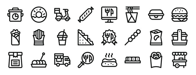 set of 24 outline web take away icons such as cooking time, doughnut, motorbike, sausage, online, noodles, box vector icons for report, presentation, diagram, web design, mobile app
