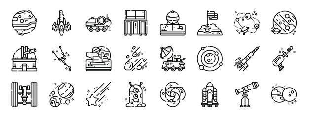 set of 24 outline web space icons such as mars, rocket, , computer, capsule, flag, space vector icons for report, presentation, diagram, web design, mobile app