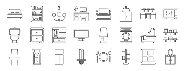 set of 24 outline web furniture icons such as double bed, bookshelf, chandelier, desk, home theater, basin, kitchen cabinet vector icons for report, presentation, diagram, web design, mobile app