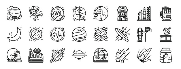 set of 24 outline web space icons such as planets, astronaut, galaxy, day and night, earth, astronaut, space shuttle vector icons for report, presentation, diagram, web design, mobile app