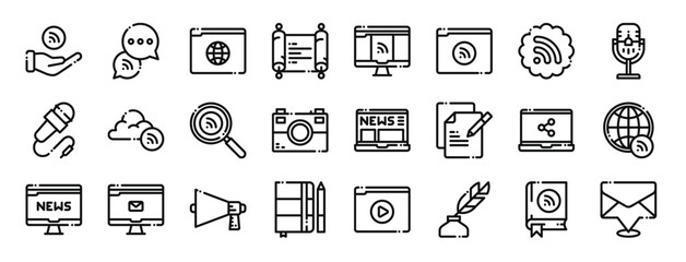 set of 24 outline web news journal icons such as wifi, chat, browser, papyrus, monitor, browser, wifi vector icons for report, presentation, diagram, web design, mobile app