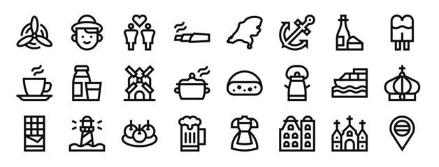set of 24 outline web holland icons such as windmill, dutch, same sex marriage, marijuana, map, anchor, wine vector icons for report, presentation, diagram, web design, mobile app