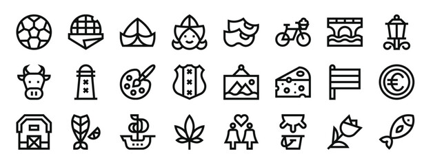 set of 24 outline web holland icons such as football, stroopwafel, hat, dutch, clogs, bicycle, bridge vector icons for report, presentation, diagram, web design, mobile app