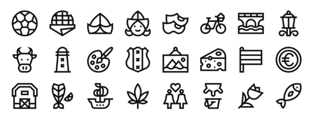Fotobehang set of 24 outline web holland icons such as football, stroopwafel, hat, dutch, clogs, bicycle, bridge vector icons for report, presentation, diagram, web design, mobile app © MacroOne