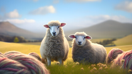 Fototapeta premium Sheeps, balls of yarn, balls of wool, colorful yarn, colorful wool, agriculture, local production, grass, arts and crafts, knitting, herd of sheep, farm, farming, fluffy animals