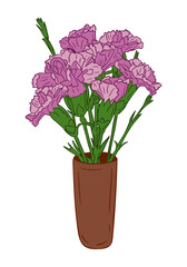 Vector purple carnation bunch in ceramic vase. Isolated flat outline flowers on white background. Unique floral illustration. Suitable for greeting card, invitation, banner