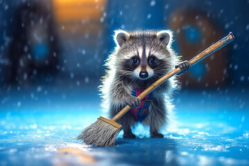 Cheerful Raccoon Cleaning the Apartment with a Small Broom AI generated - obrazy, fototapety, plakaty