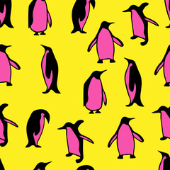 seamless bright pattern with penguins in pink and yellow. Fashion, creative, textiles, decoration, design.