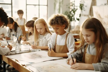 Group of kids drawing class in the Art School. Children painting.