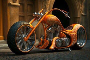 Motorcycle with an extended front fork known as chopper style. Generative AI