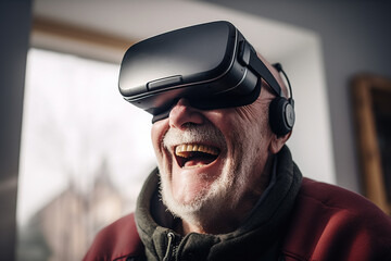 An older man is seen laughing while using a virtual reality headset.