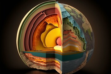 3D model displaying Earth's core & inner structure layers; geological composition labeled. Generative AI