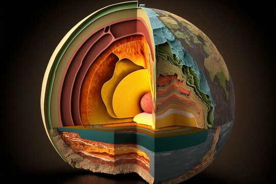 3D Model Displaying Earth's Core & Inner Structure Layers; Geological Composition Labeled. Generative AI