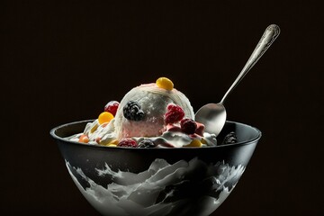 Bowl of fruit ice cream on black with spoon. Generative AI