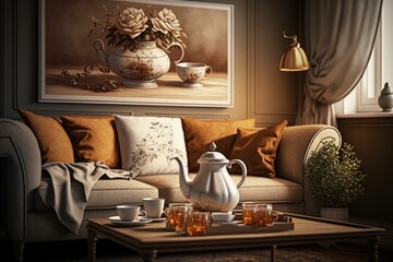 Chic living room with comfortable couch, tea set on surface. Generative AI