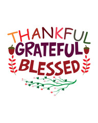 Happy Thanksgiving hand lettering. Handwritten text on black background with leafs and pumpkin. Vector illustration.