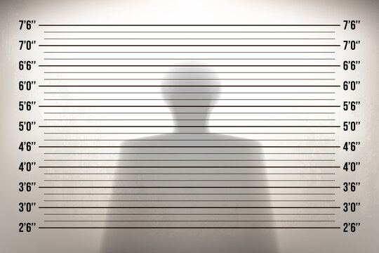 Mugshot in a police station with a shadow of man. Height identification with measurement feet line in the examination room. Vintage vector template. Retro background with backlight on an old wall