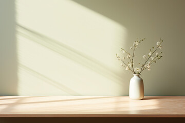 A white vase is standing on a wooden table, bathed in sunlight.