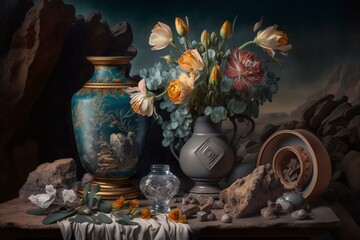 A vase surrounded by rocks and other items on a table. Generative AI