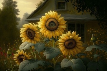 Sunflowers in the garden. Generative AI