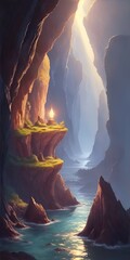 Sunlight above rocky cliff. AI generated illustration