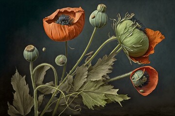 Poppies with pods. Generative AI