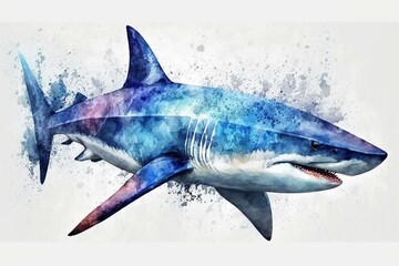Realistic watercolor shark on white background. Ideal for design, print, stickers, or backgrounds. Generative AI