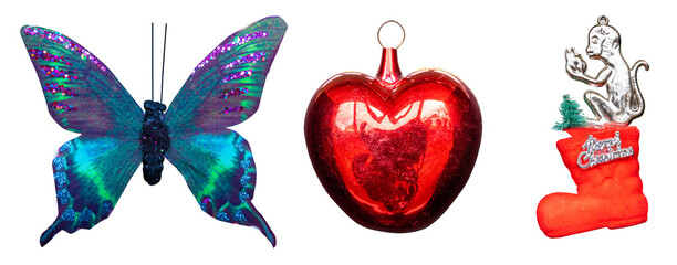Vintage multicolored glass toy for Christmas tree butterfly, red heart, monkey on a boot decoration close-up isolated on transparent background set 3 pieces.
