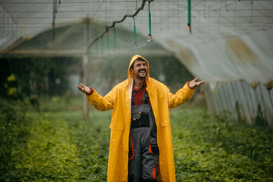 Farmer with a raincoat in a modern hothouse with an advanced system of irrigation and plant care