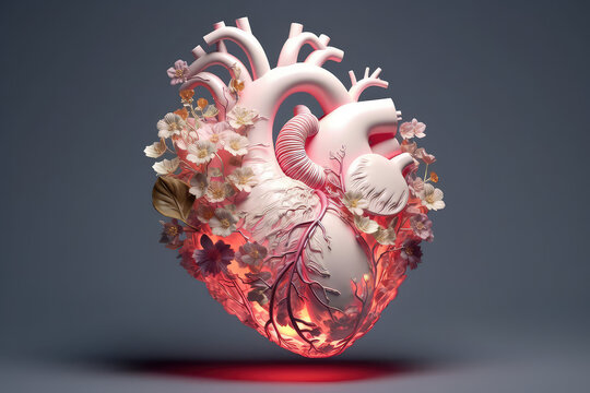 Anatomical heart surrounded by many small spring flowers isolated on flat background with copy space. Creative spring sale concept for valentines day. 3d render illustration style.