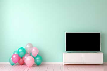 Blank TV screen against a flat minimal wall with a bunch of colorful balloons. Creative television mockup for holiday greeting advertisement. Pink blue light pastel colors. 3d illustration style