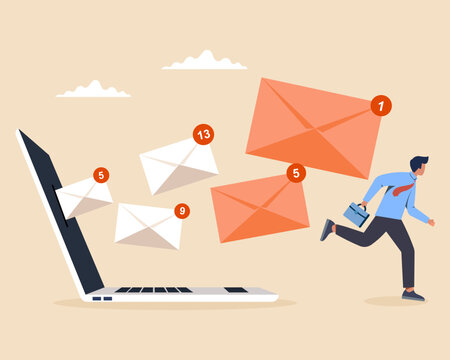 businessman running away from  email and ringing bell notifications  popup Annoy notifications disturbing pop online.