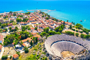 Fototapeta premium Aerial top drone view of ancient Side town with amphitheater, Antalya Province in Turkey