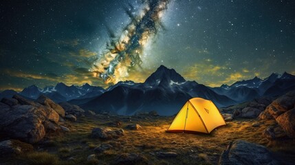 Amazing starry night in the desert and a tent. Milky way, night sky. Camping