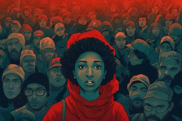 Hand-drawn image of a black woman in a crowd of people. Generative AI.