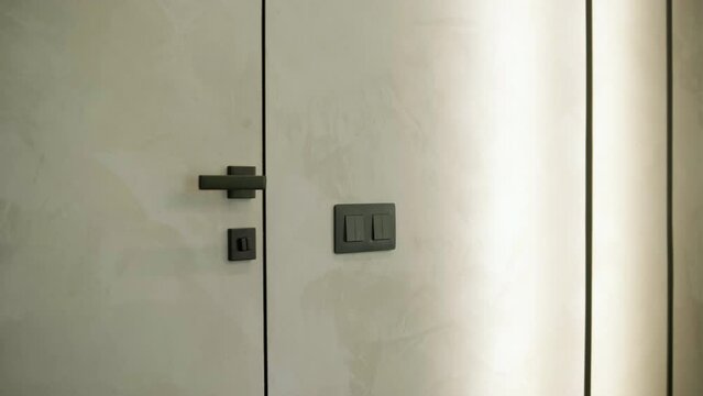 An invisible door. The door structure is without platbands with a hidden box. The handle of the door.