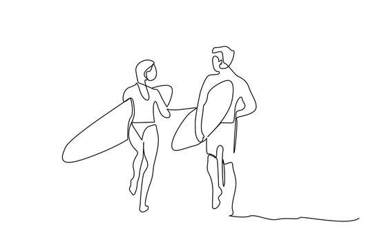 recommend clip art: young couple in love vacation sea surf together activity lifestyle line art
