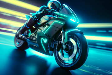 Futuristic Motorcycle Speeding Through Neon City Lights created with Generative AI technology