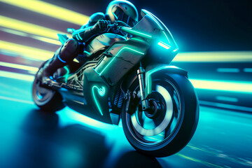 Obraz premium Futuristic Motorcycle Speeding Through Neon City Lights created with Generative AI technology