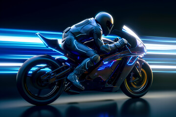 Obraz na płótnie Canvas Futuristic Motorcycle Speeding Through Neon City Lights created with Generative AI technology